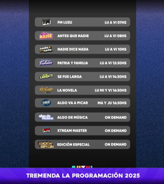 Así queda la programación de <a href="/cmdeluzu/">cm de luzu</a> 2025, TRE MEN DO 🤩

Que pedazo de año que se viene loco, a hacer el aguante más que nunca 💪🏼 #nadiedicenada #luzu