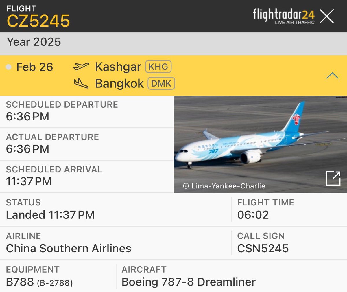 BREAKING:พบเครื่องบินจีนมาจากเมืองซินเจียง มาถึงดอนเมือง คาดรับอุยกูร์ 48 คนกลับไปแล้ว

วันที่ 27 ก.พ.68 The Reporters ตรวจสอบพบว่า   
เครื่องบินต้องสงสัยของสายการบิน China Southern Airlines เที่ยวบินที่ CZ5246 ออกเดินทางจากท่าอากาศยานดอนเมืองเมื่อเวลา  04:48 น.