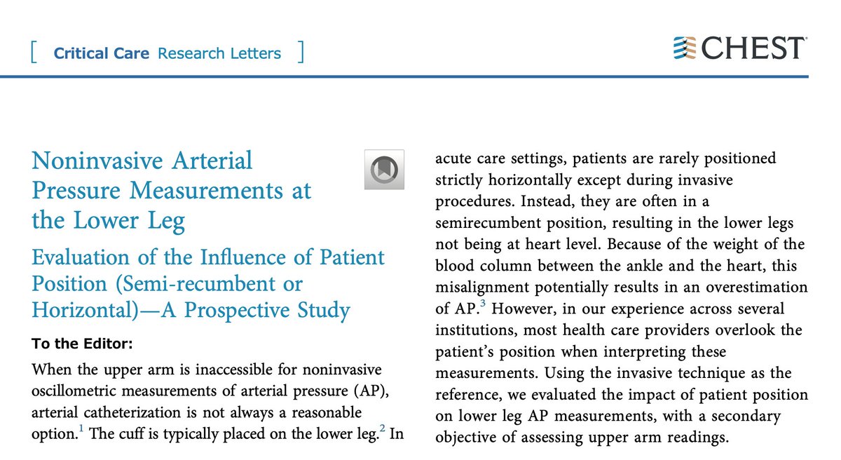 ICU Hemodynamics Secrets:

Did you ever manage a patient when the upper arm was inaccessible for noninvasive oscillometric measurements of blood pressure (BP), &amp; the cuff was placed on the lower leg?

This study evaluated the impact of patient position
on lower leg BP measurement