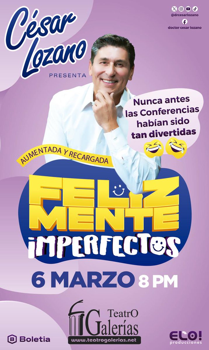 GANA 2 BOLETOS PARA IR A VER A <a href="/drcesarlozano/">Dr. César Lozano</a>  AL 
<a href="/TeatroGalerias/">Teatro Galerías</a>  y APRENDE A SER FELIZ CON TUS IMPERFECCIONES.
PARTICIPA DANDO LIKE Y RT.
RESULTADO 4 DE MARZO