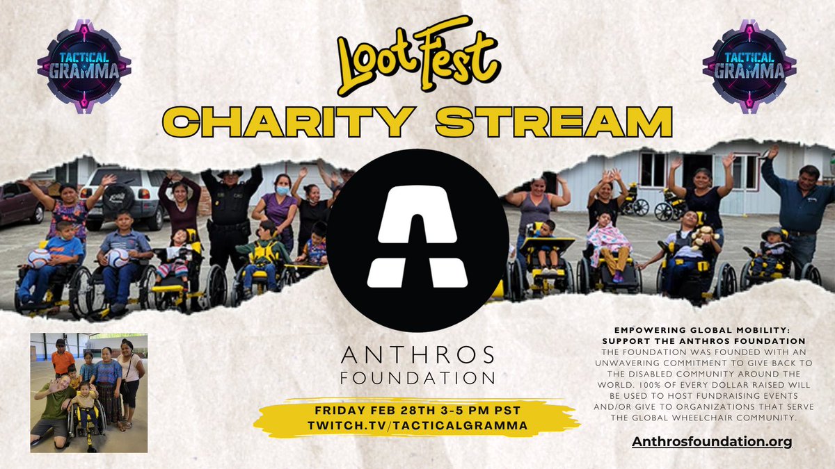 So excited to be a part of this! Join us Friday 3pm PST while I play Fortnite with <a href="/DrLupo/">DrLupo</a>  <a href="/LootFestEvent/">LootFest</a>  to raise Money for The Anthros Foundation! <a href="/Anthroschair/">Anthros</a> If you would like to be involved and join the Stream-a-thon link is in the comments.
