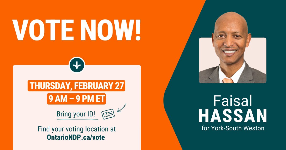 FaisalAHassan's tweet photo. IT'S ELECTION DAY TOMORROW! Exercise your right to shape the future! Make sure to bring:
- Your ID
- Proof of address
Every single vote matters! Let's make our voices heard! #YSW #ONpoli #YorkSouthWeston #OntarioVotes #ElectionDay https://t.co/6Sh7qvFqK2