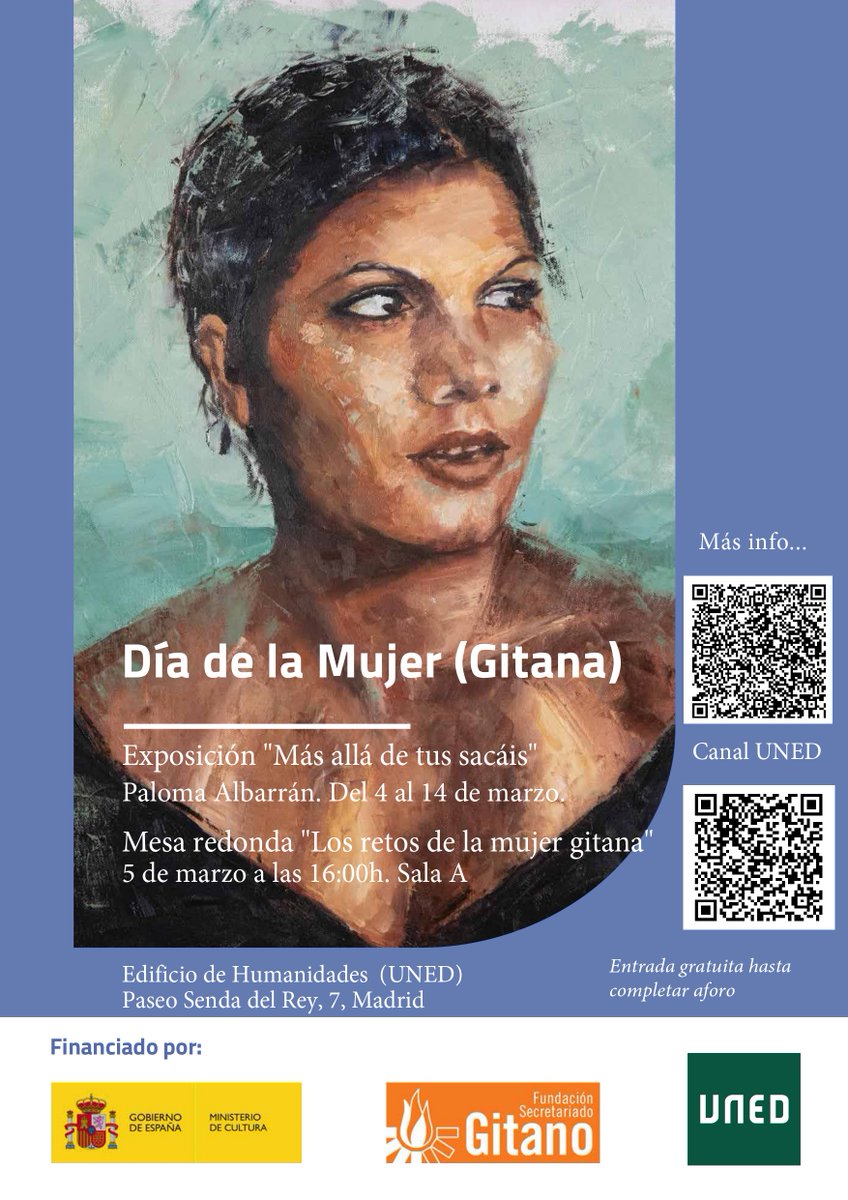 🟢En el Día de la Mujer (Gitana), <a href="/UNED/">UNED</a> <a href="/gitanos_org/">F.SecretariadoGitano</a> <a href="/culturagob/">Ministerio de Cultura</a> fijan la mirada en ellas
👉Exposición  "Más allá de tus sacáis" #PalomaAlbarránSaavedra
📍Hall del Salón de Actos de la UNED. Edificio Humanidades
🗓️ de 4 al 14 de marzo