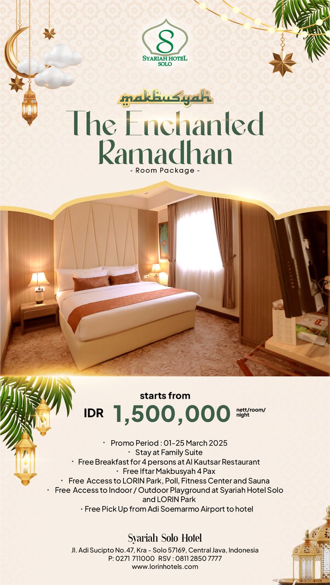 The Enchanted of Ramadhan ✨
Nikmati penawaran spesial hanya dengan Rp 1.500.000,-/malam sudah termasuk 4 pax breakfast dan iftar, free fasilitas playground, swimming pool, fitness center, wahh super komplit bangett yaa,
More information :
📱 0811 2850 7777 
#ramadhankareem