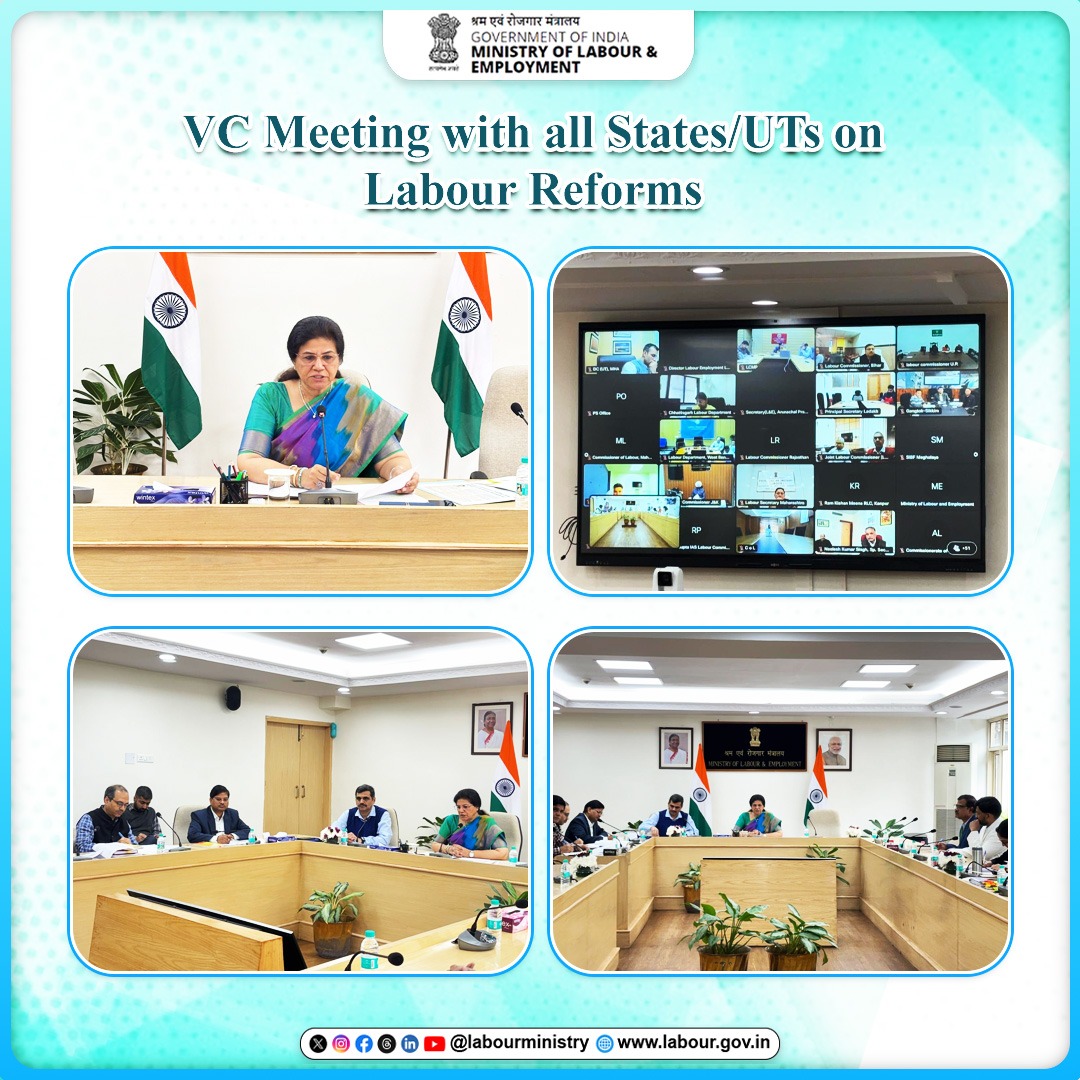 LabourMinistry's tweet image. @SumitaDawra, Secretary, M/o L&amp;amp;E, held a VC meeting with all States/UTs on Labour Reforms, promoting #LabourWelfare, #EoDB for employment-led development, enhanced female labour force participation. 

#LabourMinistryIndia #MoLE #LabourReforms