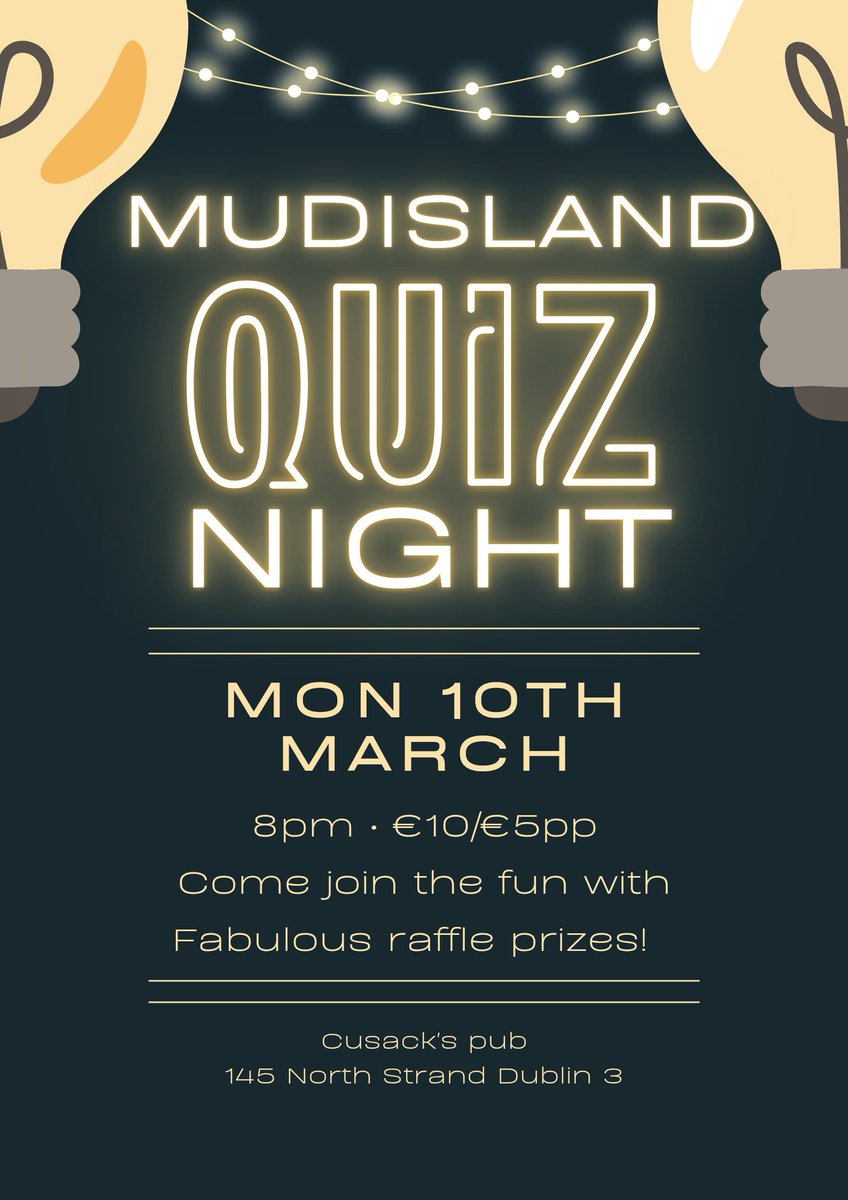 #MudIsland #community #garden's annual #fundraising pub quiz in Cusacks! Come for a fun night Mon 10th March, 8 pm.  <a href="/SpeedQuizzing/">SpeedQuizzing</a>.... Great #raffle #prizes! Get in early to bag your seat, last year we'd a whopping 27 teams taking part.....