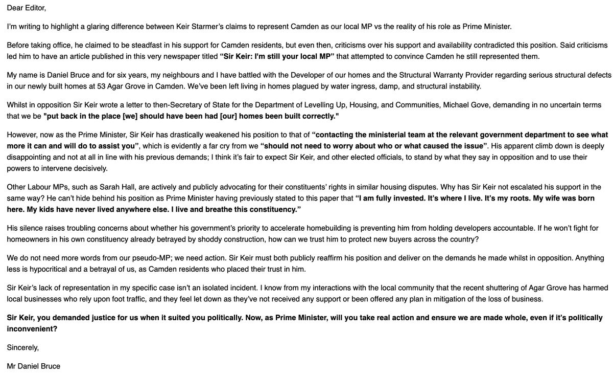 In opposition, <a href="/Keir_Starmer/">Keir Starmer</a> claimed to be on the side of his Camden constituents.

He took the strong position that <a href="/mhclg/">Ministry of Housing, Communities & Local Gov</a> intervene and make us whole.

In power and finally able to make a difference, he's deserted us so I wrote to the <a href="/NewJournal/">Camden New Journal</a> documenting his betrayal.