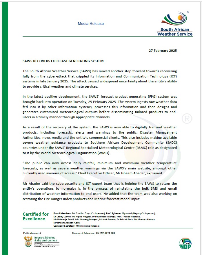 SAWeatherServic's tweet image. MEDIA RELEASE: SAWS recovers forecast generating system