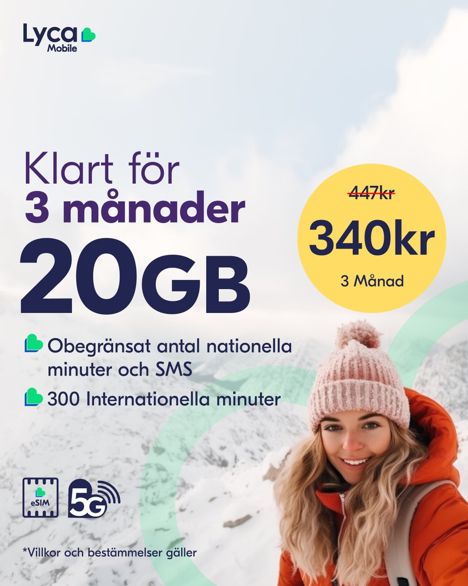 LycaMobileSwe's tweet image. Få 20GB varje månad i 3 månader för endast 340,00kr! 🚀 Obegränsade samtal, SMS, 5G, EU-roaming och mer. Håll kontakten längre – byt idag se.lycamob.com/uh6qC ! ✨ 
#LycaMobileSE #StayConnected #datadeal