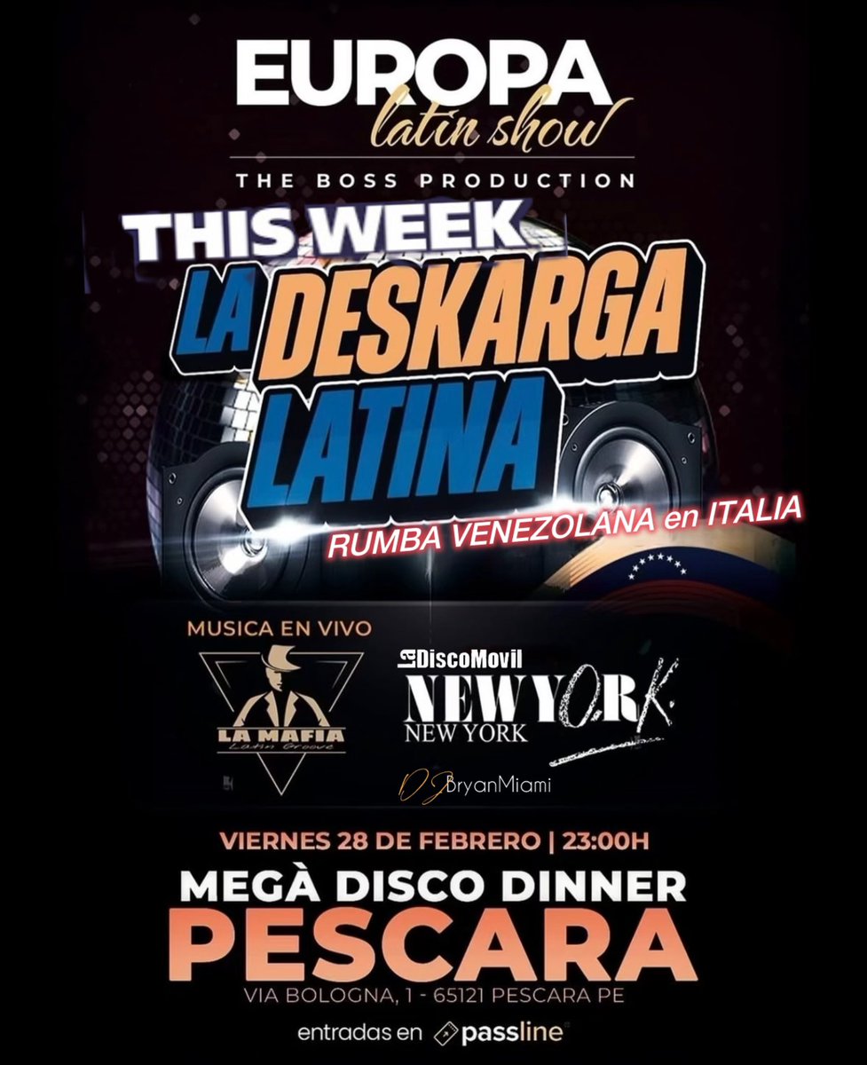 La Deskarga Latina/ Rumba Venezolana en Italia / Pescara 

📍Mega Disco Dinner
📌 28 de Febrero 

Con la <a href="/NewYork_NY_CA/">NewYork NewYork</a> &amp; DJBryanMiami

#italia #pescara #rumbavenezolana