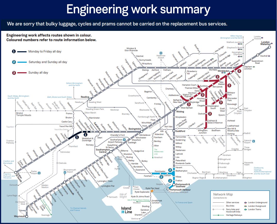 🚧 Planned engineering works are taking place on the South Western Railway network this weekend, Saturday 01 and Sunday 02 March. 

See more information here: 👇 
 
southwesternrailway.com/plan-my-journe…
