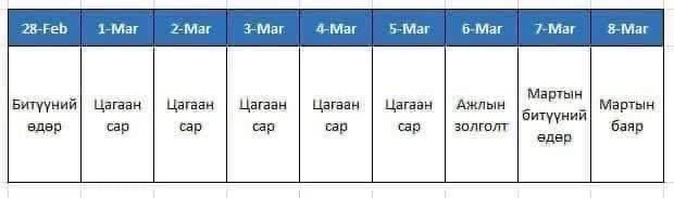 3-р сарын баярын эрний 8 хоногийн  хуваарь гарлаа.🤩