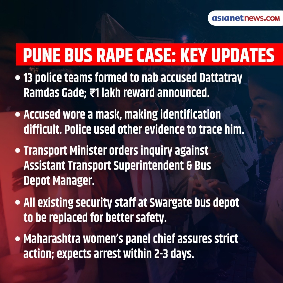 AsianetNewsEN's tweet image. Pune Bus Rape Case: 13 police teams on the hunt, ₹1 lakh reward announced! #Keyupdates

🌐 newsable.asianetnews.com
🎥 youtube.com/asianetnewsable