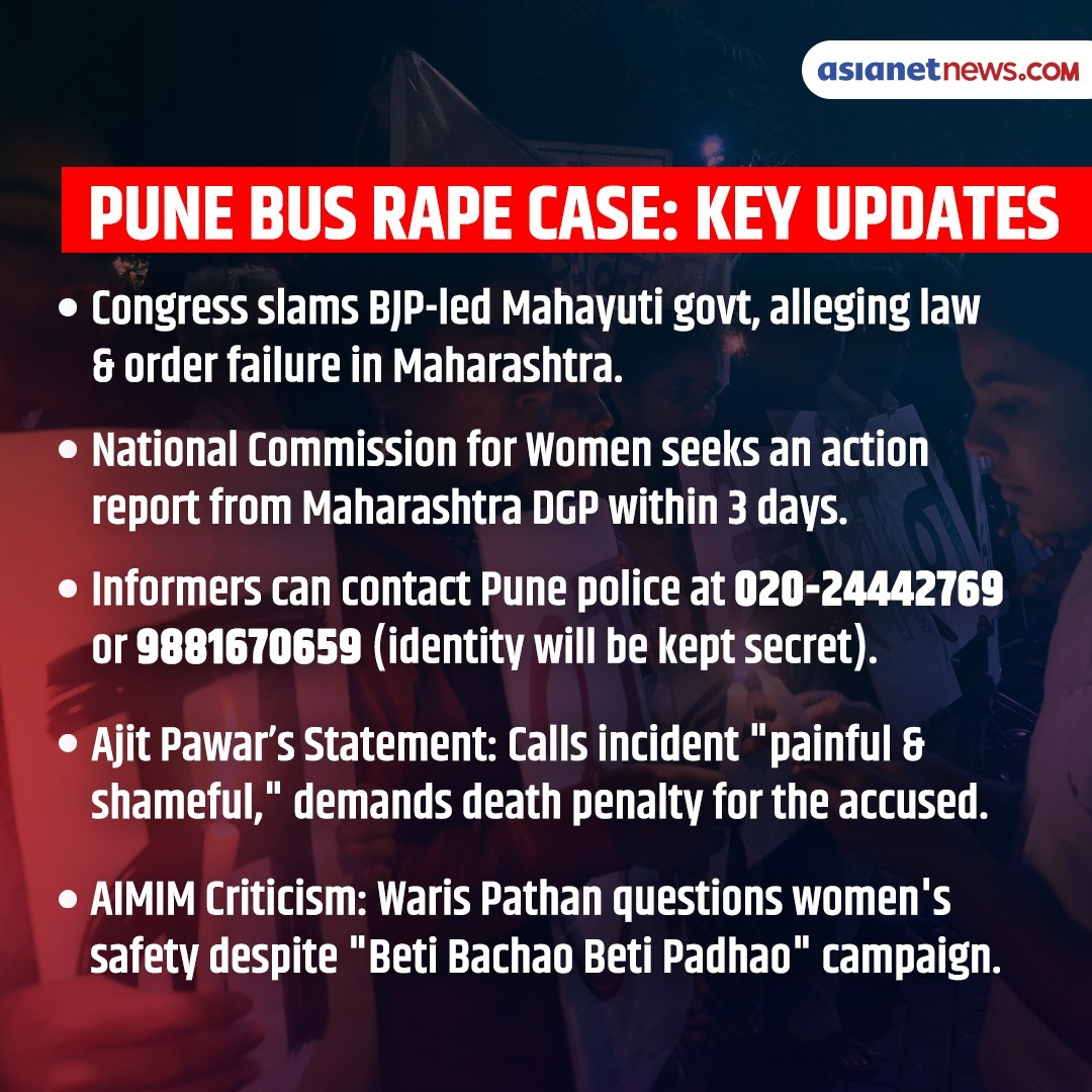 AsianetNewsEN's tweet image. Pune Bus Rape Case: 13 police teams on the hunt, ₹1 lakh reward announced! #Keyupdates

🌐 newsable.asianetnews.com
🎥 youtube.com/asianetnewsable