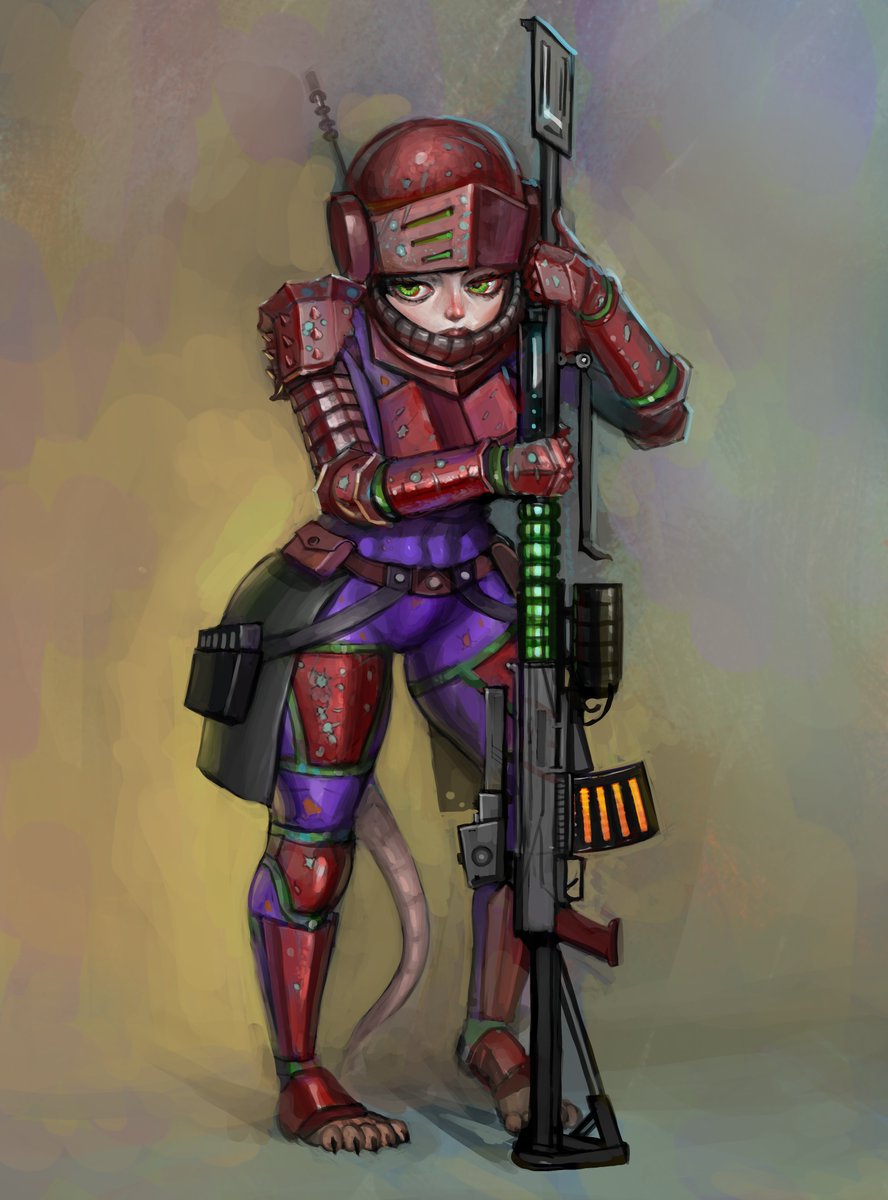 Ratling trooper joined chaos side! the battle scars on her armor reveal her previous faction colors.
#artmoots #WarhammerArt  #commissionart
