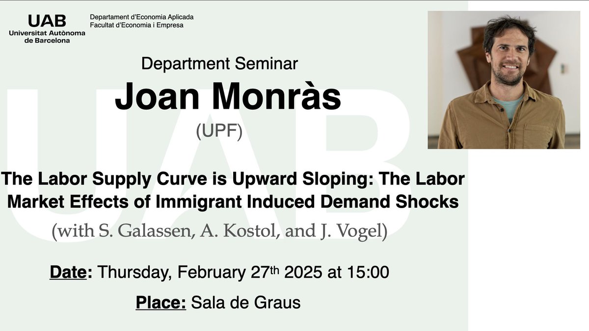 Today we have <a href="/JoanMonrasEcon/">Joan Monras</a> presenting at our Department Seminar. 

🕐 15:00
📍 Sala de Graus