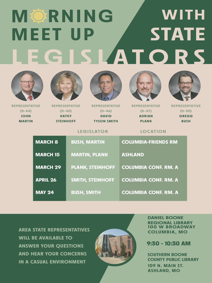 Kathy Steinhoff (@kathysteinhoff) on Twitter photo This week’s morning meetup is with Rep Martin and Rep Bush. Saturday, March 8, at <a href="/dbrl/">Daniel Boone Regional Library</a>
<a href="/AdrianPlank47/">Adrian Plank</a>
<a href="/dts4mo/">David Tyson Smith</a> This week’s morning meetup is with Rep Martin and Rep Bush. Saturday, March 8, at <a href="/dbrl/">Daniel Boone Regional Library</a>
<a href="/AdrianPlank47/">Adrian Plank</a>
<a href="/dts4mo/">David Tyson Smith</a>