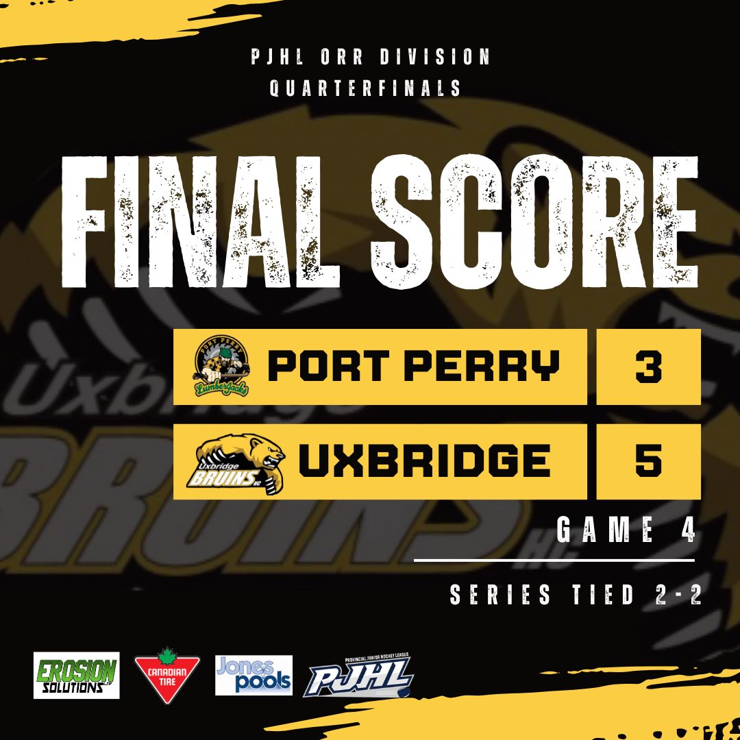 BRUINS WIN!
Uxbridge ties the Orr Division quarterfinals series with a 5-3 victory on the road in Port Perry. 
It's a best-of-three series from this point, and the Bear Den will be rocking on Friday night for Game 5.