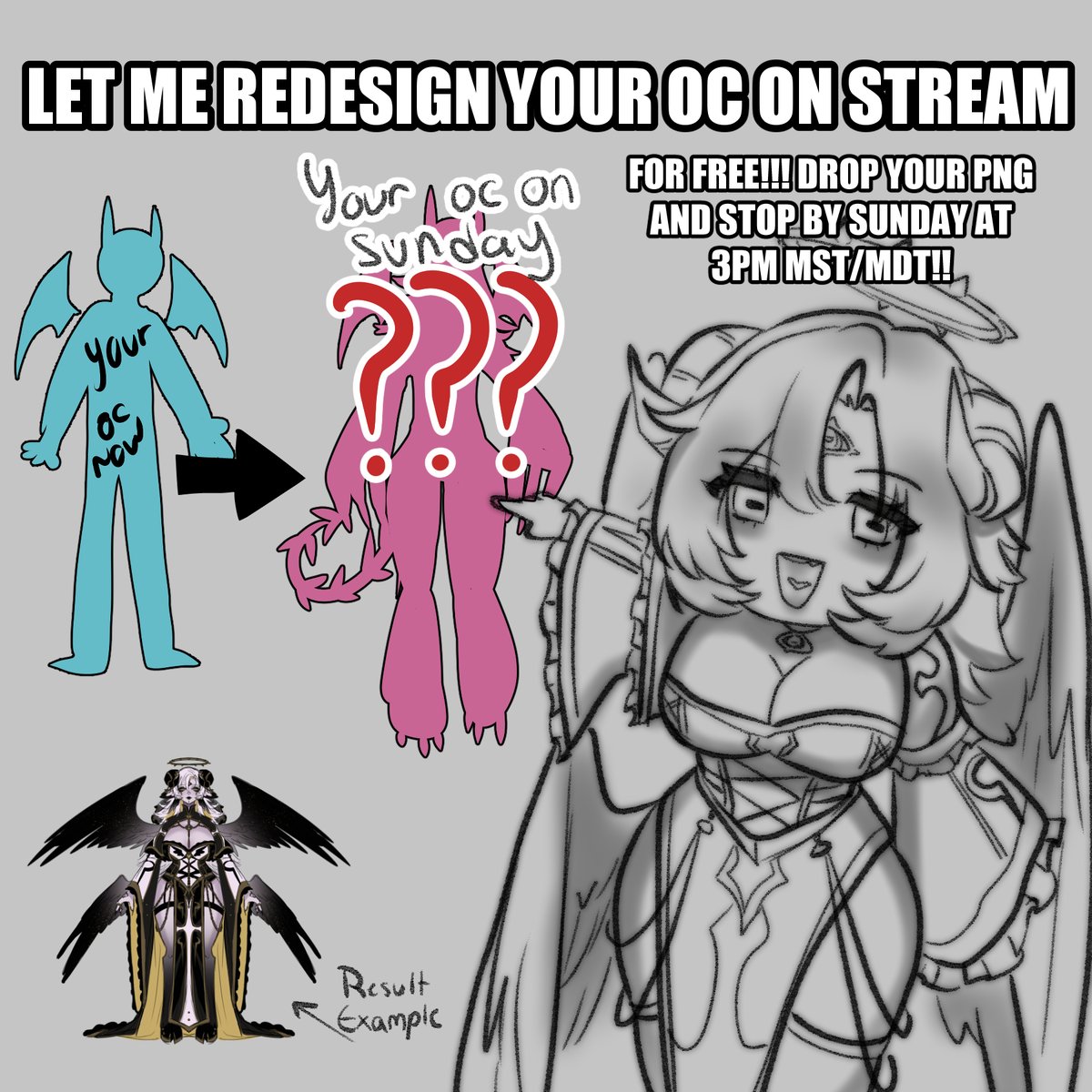 ⚠️LET ME REDESIGN YOUR OC FOR FREE ON STREAM!!! ⚠️

I'm going to stream this on Sunday at 3pm MST!!

RULES:

Like ❤️
RT♻️
Drop Png!!🖼️

A follow is optional but nice!