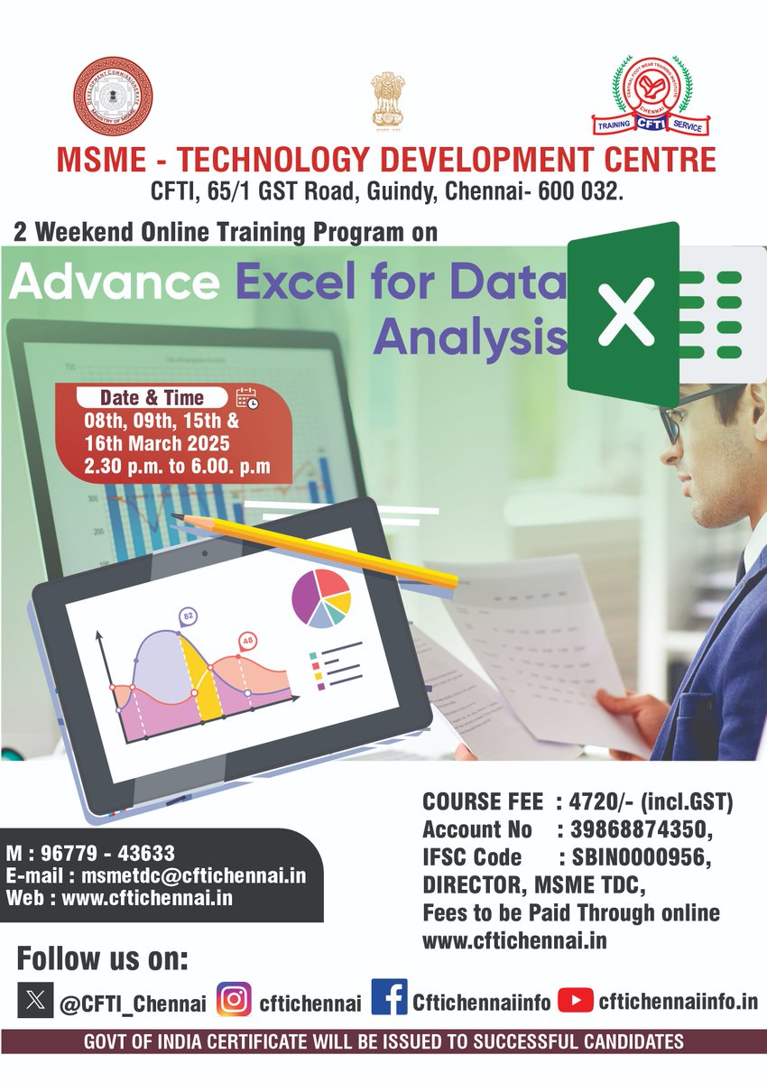 CFTI_Chennai's tweet image. &quot;Boost your data skills with Advanced Excel for Data Analysis! 📊✨ 

📅 Dates: March 8, 9, 15 &amp;amp; 16, 2025 
🕝 Time: 2:30 PM - 6:00 PM. 
Don&apos;t miss out! 🚀 

#Excel #DataAnalysis #AdvancedExcel #TechSkills #Productivity #Workshops