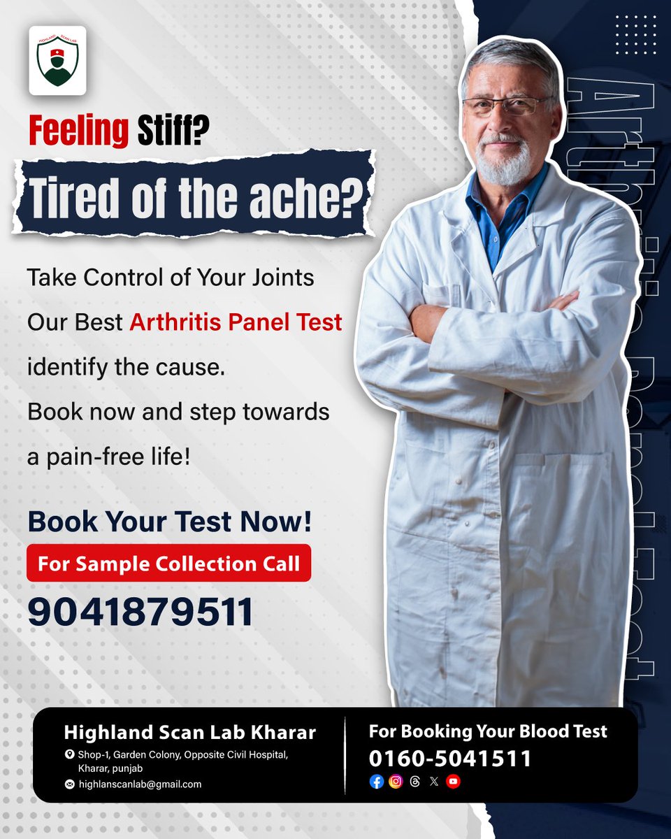 HighlandScanLab's tweet photo. Take Control of Your #Joints with #HighlandScanLab's #ArthritisPanelTest! Our #Arthritis panel test can help detect and #ManageArthritis early. Get the insights you need to maintain healthy, #PainFreeJoints. #ScheduleYourTest today!
.
#PainManagement #BloodTest #DrJatinderSingh https://t.co/SlSdGVPsIL