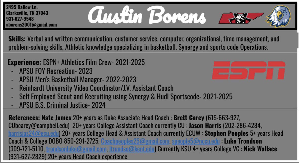 After some great experiences with APSU followed by RU Basketball I’m looking for my new home! Coaches, I have experience in Video coordination, Recruiting, Scouts, Baseline and Film Sessions, DOBO. I Promise to be the hardest worker in the gym! 931-627-9548.