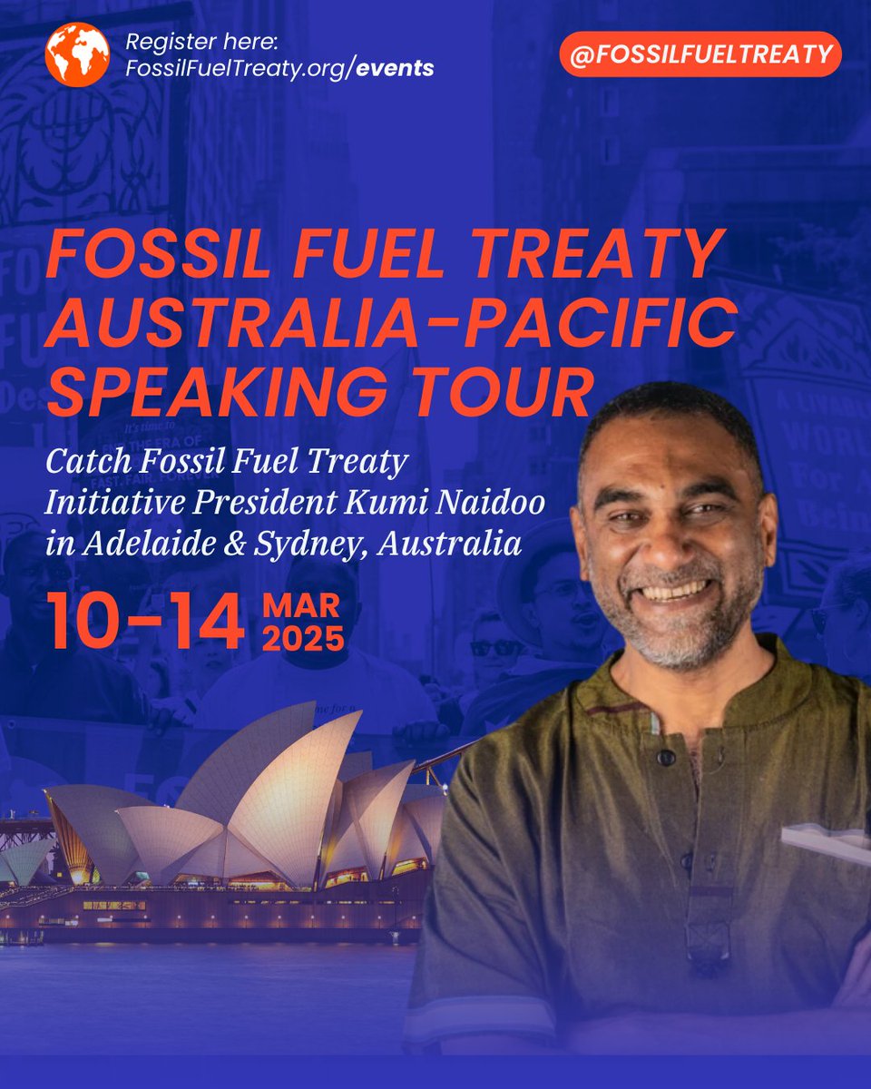 Fossil Fuel Non-Proliferation Treaty Initiative (@fossiltreaty) on Twitter photo Do you live in Australia? 🇦🇺
Hop on over to <a href="/WOMADelaide/">WOMADelaide</a> in #Adelaide or @Climate Action Week in #Sydney this March to listen to our President <a href="/kuminaidoo/">Kumi Naidoo</a> as he makes a powerful case for a #FossilFuelTreaty! 📣
Register now at FossilFuelTreaty.org/events and see 🧵 for the event Do you live in Australia? 🇦🇺
Hop on over to <a href="/WOMADelaide/">WOMADelaide</a> in #Adelaide or @Climate Action Week in #Sydney this March to listen to our President <a href="/kuminaidoo/">Kumi Naidoo</a> as he makes a powerful case for a #FossilFuelTreaty! 📣
Register now at FossilFuelTreaty.org/events and see 🧵 for the event