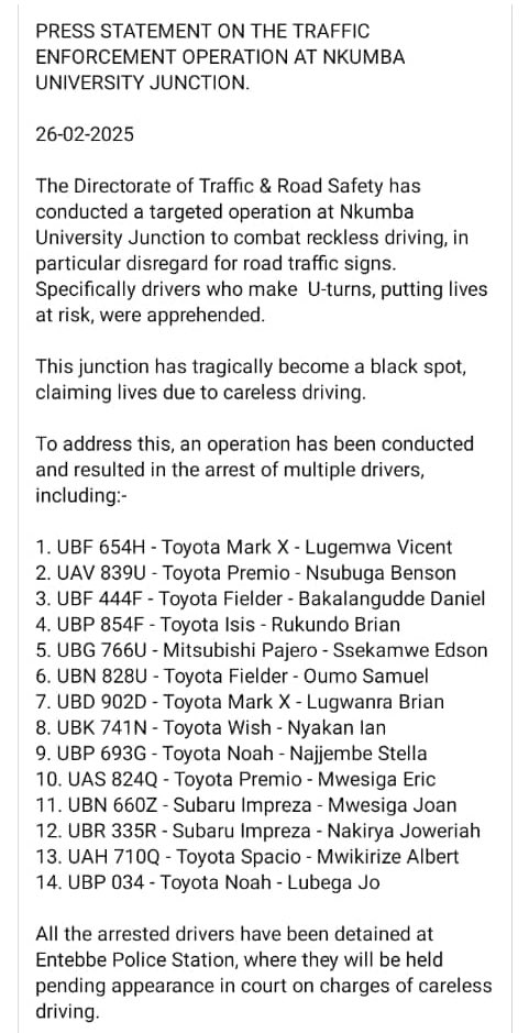 assempebwa's tweet photo. The Directorate of Traffic & Road Safety @PoliceUg conducted a targeted Opn at Nkumba University Junction to curb reckless driving, particularly the clear disregard for road signs at this junction!
Drivers making dangerous U-turns, dangerously driving & endangering lives, were apprehended.
In the absence of traffic lights and as efforts by @MoWT_Uganda to restore them continue, letโs respect existing road signs and prioritize safety!