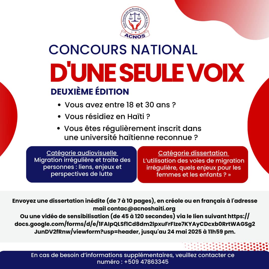 ACNOS_Haiti's tweet photo. 《CONCOURS NATIONAL D'UNE SEULE VOIX 》

Ce concours est gratuit et ouvert à tous les étudiant (e)s sur le territoire national.

Les étudiant(e)s intéressé(e)s sont prié(e)s de télécharger le règlement du Concours sur le site de l'ACNOS (https://t.co/jmMxZIoJLK) https://t.co/zbav20p63P