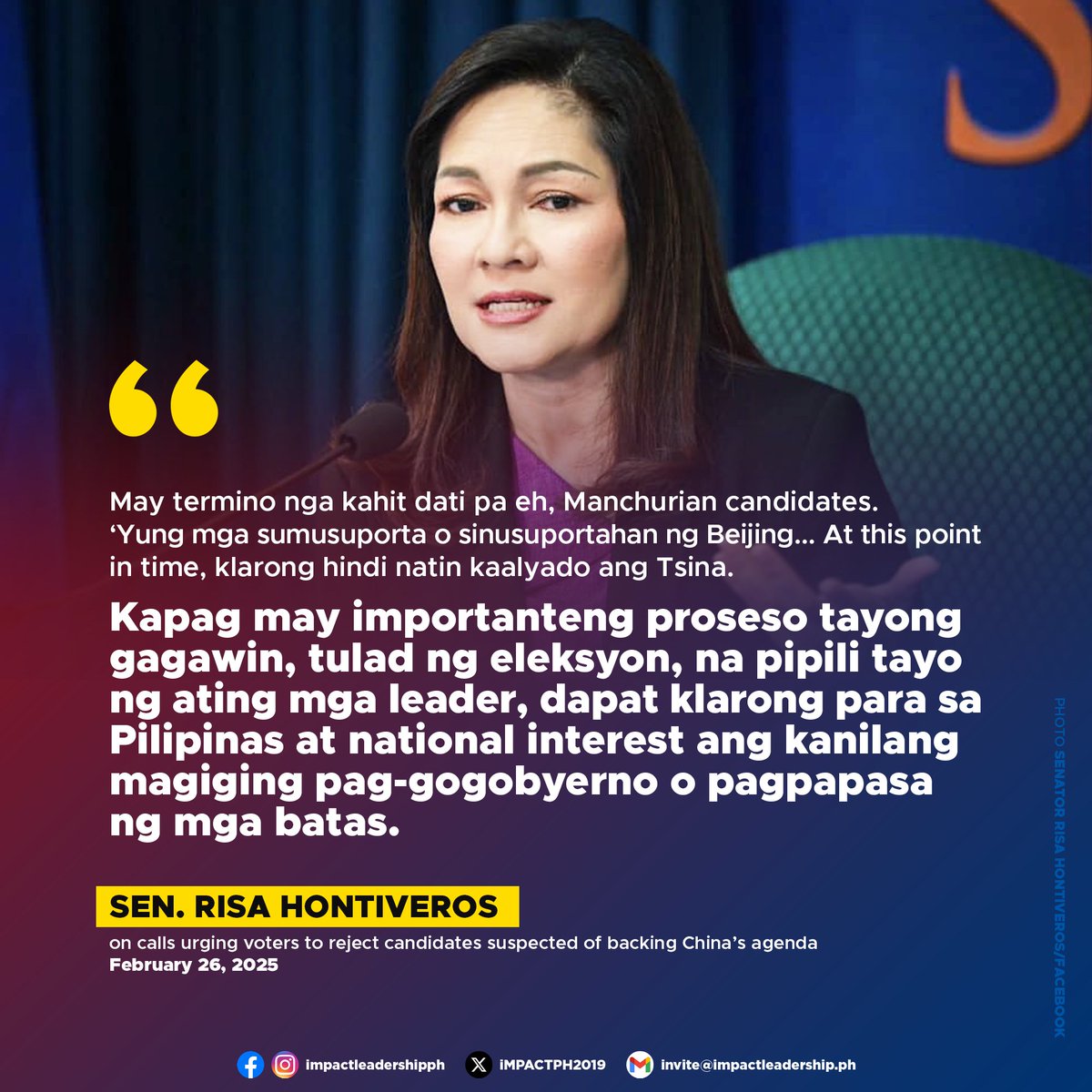 iMPACTPH2019's tweet photo. RISA: REJECT CANDIDATES BACKED BY CHINA

Senate Deputy Minority Leader Risa Hontiveros voiced "partial" support for calls urging voters to reject candidates suspected of backing China's agenda, particularly on issues such as the West Philippine Sea and Philippine offshore gaming operators (POGOs).

"'Yung mga tahimik, baka may iba't iba silang konsiderasyon. Although I think regrettable 'yung pananahimik dahil pag inaatake 'yung ating bayan, pag inaatake 'yung ating mga kababayang mangingisda o Coast Guard o Navy personnel, dapat nagsasalita tayo," Hontiveros said during the Kapihan sa Senado on Wednesday, February 26.

However, she strongly opposed candidates who allegedly support or receive backing from Beijing, likening them to "Manchurian candidates" and citing China's state-sponsored interference in sectors such as energy, telecommunications, and national security.

"At this point in time, klarong hindi natin kaalyado ang Tsina," she said. "Kapag may importanteng proseso tayong gagawin, tulad ng eleksyon, na pipili tayo ng ating mga leader, dapat klarong para sa Pilipinas at national interest ang kanilang magiging pag-gogobyerno o pagpapasa ng mga batas. At hindi para sa interes ng Tsina na makakasakit sa interes ng ating bayan."
