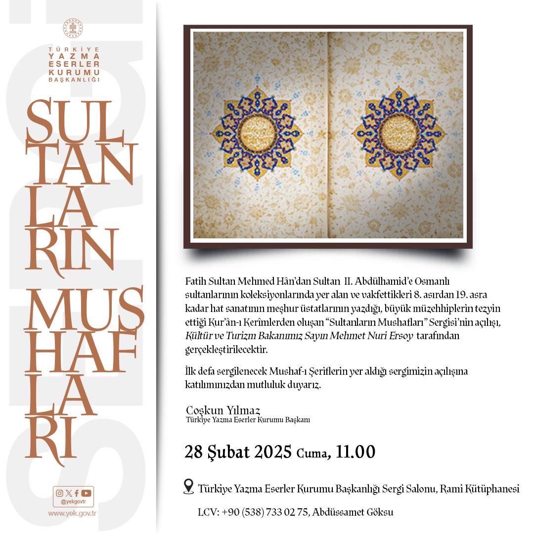 yekgovtr's tweet photo. Osmanlı Sultanlarının koleksiyonlarından, hat ve tezhip sanatının en seçkin örneklerine kadar pek çok kıymetli eserin yer aldığı "Sultanların Mushafları" sergimiz, Kültür ve Turizm Bakanımız Sayın Mehmet Nuri Ersoy'un katılımıyla açılıyor. https://t.co/pKYmc61TfL