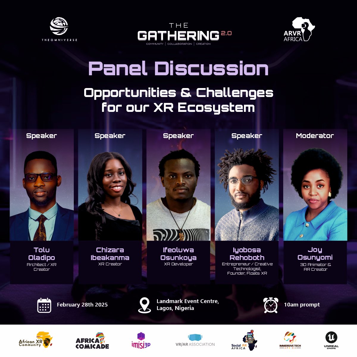At The Gathering 2.0 — Panel Discussion

🗣️ Tolu Oladipo (Architect|XR Creator)
🗣️ <a href="/chiizaraa/">The Amala-Flavoured Lollipop🍭</a> (XR Creator)
🗣️ <a href="/Skodo_Lee/">Osunkoya Ife</a> (XR Developer)
🗣️ <a href="/Prodigeezy_/">Bosa</a> (Entrepreneur|Creative Technologists|Founder, Floats XR)

Moderator: <a href="/AKALAZUJOYCHINW/">joydanimator</a> (3D Animator &amp; AR Creator)👇🏾