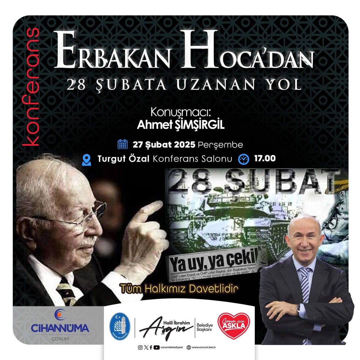 Bugün Çorum'dayım.
"Erbakan Hoca'dan 28 Şubat'a uzanan yol"
Dostları bekleriz...
<a href="/crmbelediyesi/">Çorum Belediyesi</a>