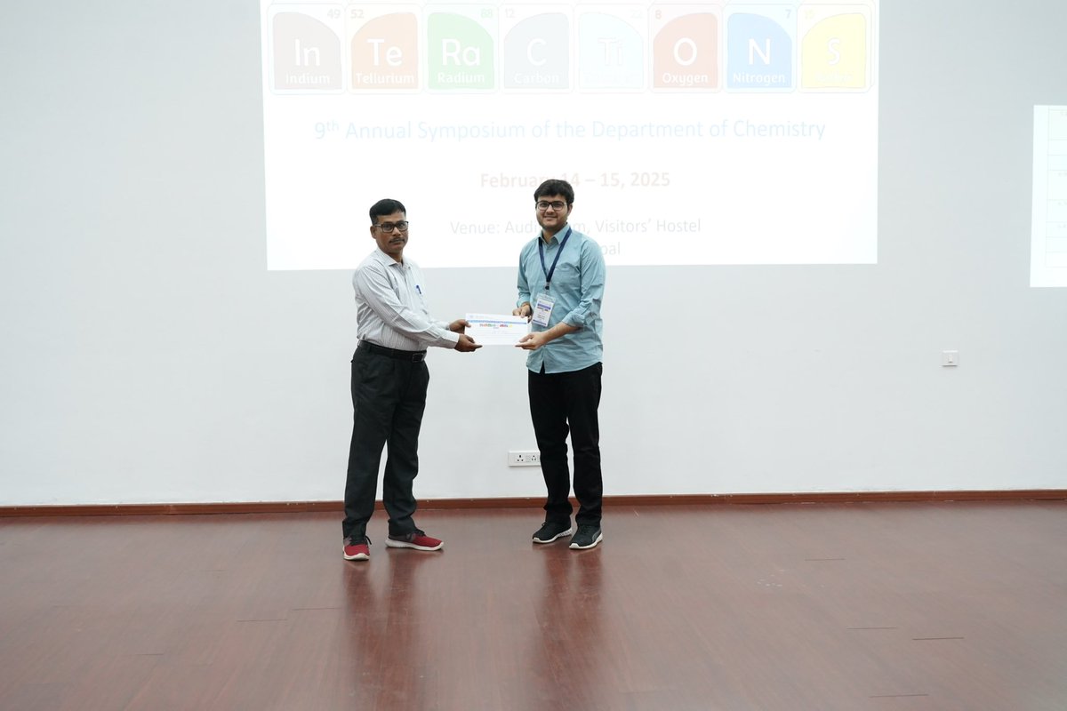 Organochalcogen Lab (@organochalcogen) on Twitter photo Congratulations to Yagya Dutt Upadhyay ( <a href="/Yagya_tweets/">Yagya Dutt</a> ) for winning a Best Poster Award at 9th Annual Symposium InTeRaCTiONS-2025 held at Department of Chemistry, IISER Bhopal between 14-15th February, 2025.
<a href="/chm_iiserb/">Dept of Chemistry, IISER Bhopal</a> <a href="/iiserbhopal/">IISER Bhopal</a> <a href="/SangitK35711415/">Sangit Kumar</a> <a href="/LibraryIISERB/">Central Library IISER Bhopal</a> Congratulations to Yagya Dutt Upadhyay ( <a href="/Yagya_tweets/">Yagya Dutt</a> ) for winning a Best Poster Award at 9th Annual Symposium InTeRaCTiONS-2025 held at Department of Chemistry, IISER Bhopal between 14-15th February, 2025.
<a href="/chm_iiserb/">Dept of Chemistry, IISER Bhopal</a> <a href="/iiserbhopal/">IISER Bhopal</a> <a href="/SangitK35711415/">Sangit Kumar</a> <a href="/LibraryIISERB/">Central Library IISER Bhopal</a>