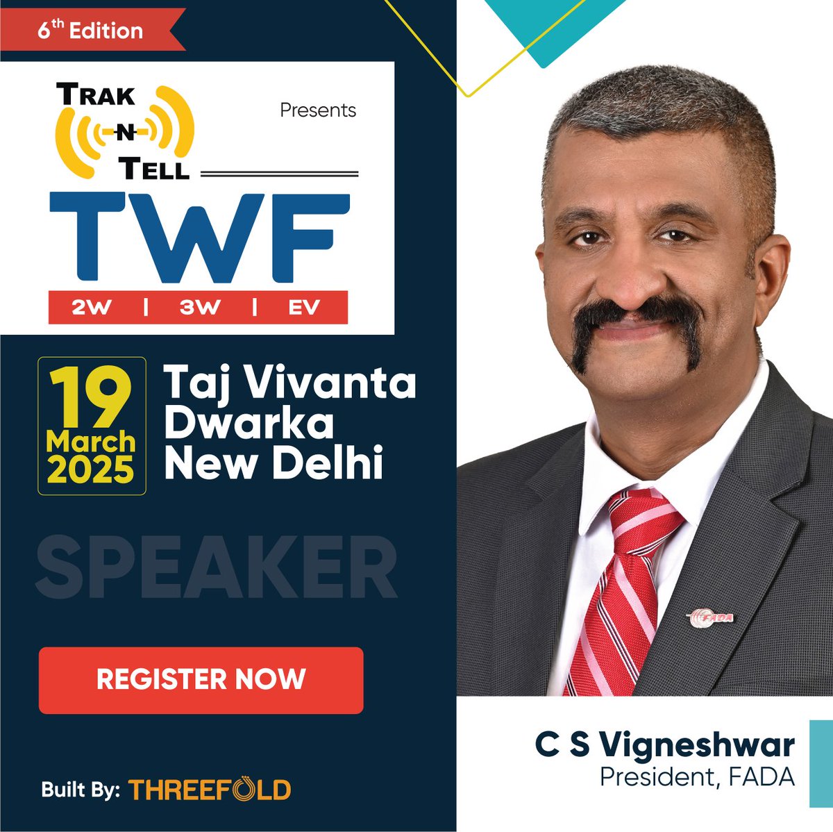 forum_two's tweet image. We’re honored to have C S Vigneshwar, President - FADA, as a speaker at the 6th edition of TWF, presented by Trak N Tell, on March 19, 2025, at Taj Vivanta, Dwarka, ND.
20% discount: bit.ly/495TVtU
Raghav Shankar (+91 9599881027) | raghav@threefold.in
#TWF2025 #FADA #EV