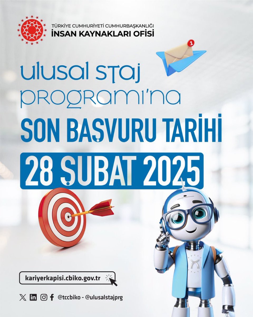 Sevgili gençler; staj, iş gölgeleme ve eğitim imkanlarından faydalanmak için başvurunuzu 23.59’a kadar tamamlamayı unutmayın. 🌟
🔗 kariyerkapisi.cbiko.gov.tr 

#USP <a href="/ulusalstajprg/">Ulusal Staj Programı</a> <a href="/kariyerkapisi/">Kariyer Kapısı</a> @tccbiko