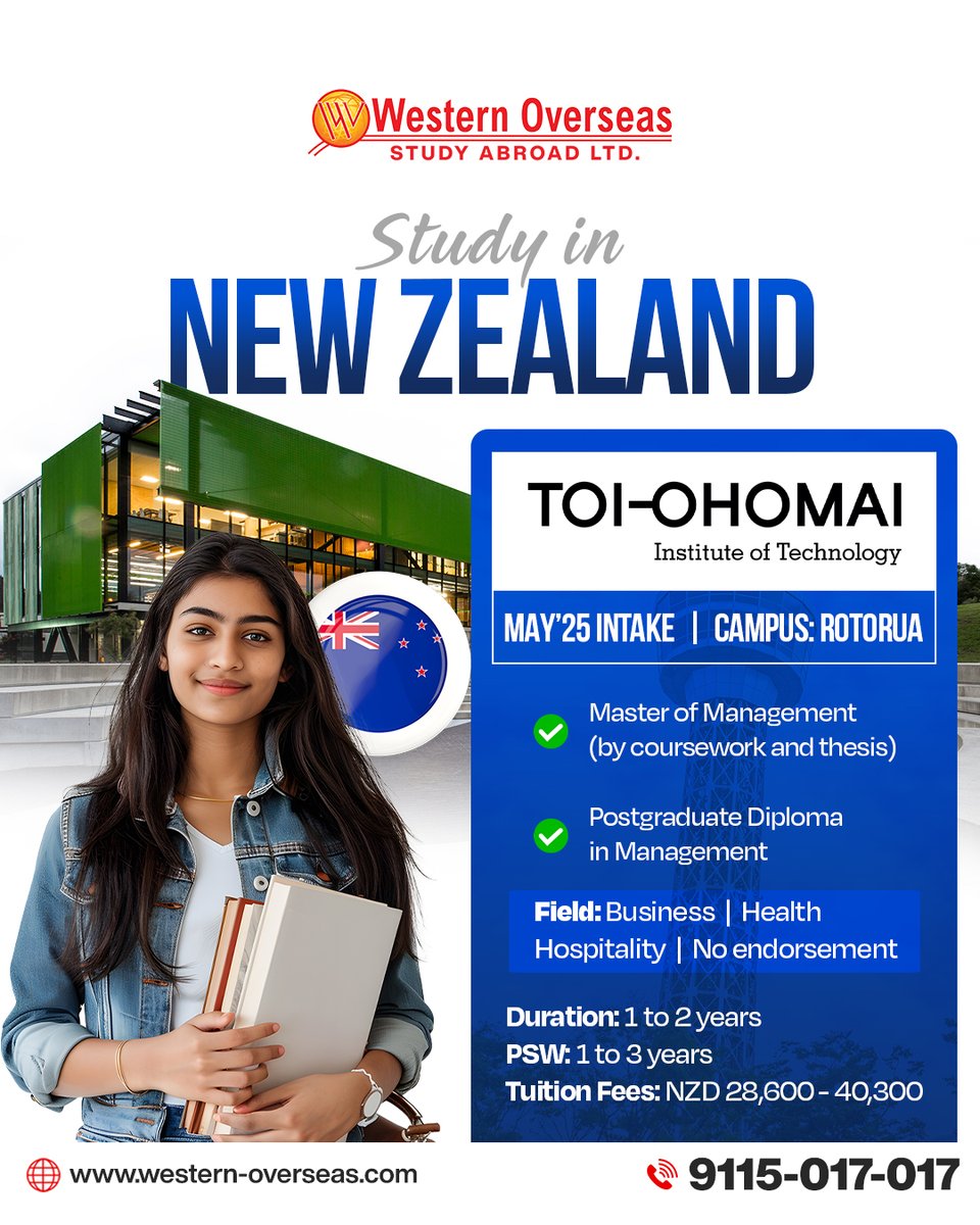 westernoverseaa's tweet image. ✈️ New Zealand calling!
🎓 Study at 𝐓𝐎𝐈 𝐎𝐇𝐎𝐌𝐀𝐈 𝐈𝐧𝐬𝐭𝐢𝐭𝐮𝐭𝐞 𝐨𝐟 𝐓𝐞𝐜𝐡𝐧𝐨𝐥𝐨𝐠𝐲, 𝐑𝐨𝐭𝐨𝐫𝐮𝐚 - this ✅May 2025 &amp;amp; unlock ✅ 1-3 years post-study work! 🌟 Apply today with Western Overseas! 

For more details:
Call us at: 9115017017

#studyinNZ