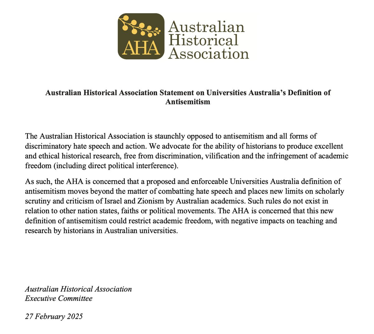 Nick Riemer (@nickriemer1) on Twitter photo Very necessary and welcome statement from the <a href="/AustHistAssoc/">AHA (Australia)</a>, in striking contrast to Universities Australia's politically irresponsible, conceptually sloppy and intellectually negligent antisemitism definition yesterday. <a href="/uniaus/">Universities Australia</a> Very necessary and welcome statement from the <a href="/AustHistAssoc/">AHA (Australia)</a>, in striking contrast to Universities Australia's politically irresponsible, conceptually sloppy and intellectually negligent antisemitism definition yesterday. <a href="/uniaus/">Universities Australia</a>
