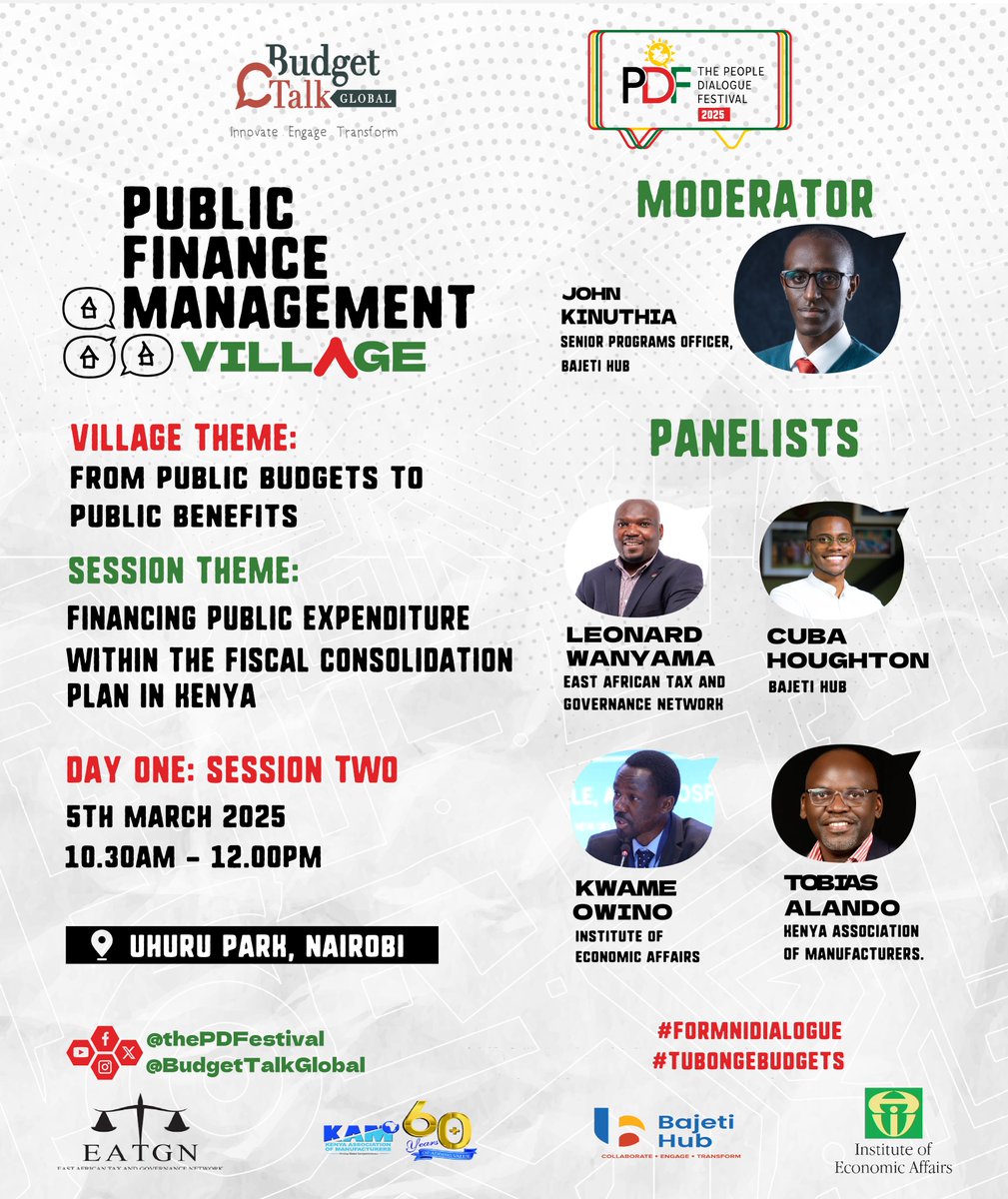 BudgeTalkGlobal's tweet image. 📢 The #PFMvillage presents an exciting discussion at the #PDFestival! 

Join us for Day 1, Session 2: &quot;Balancing the books: The nexus between taxation, public debt, and service delivery in Kenya&apos;s fiscal consolidation plan!&quot; 🤓💰

Featuring an expert lineup:
🔹 Panelists:…