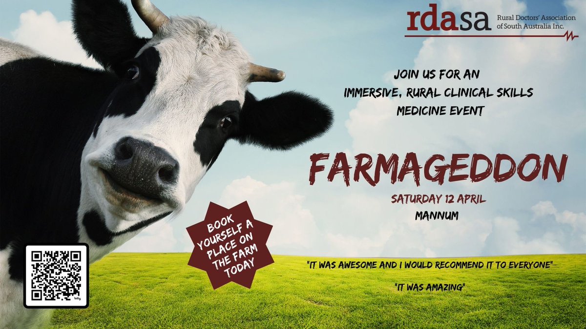 RuralDocSA's tweet image. Attention students and junior docs! Curious about a career in the bush? Farmageddon is the event for you! Set on a farm, you'll work under the guidance of passionate rural generalists, responding to rural emergencies. Places are limited bit.ly/4kbmeMT