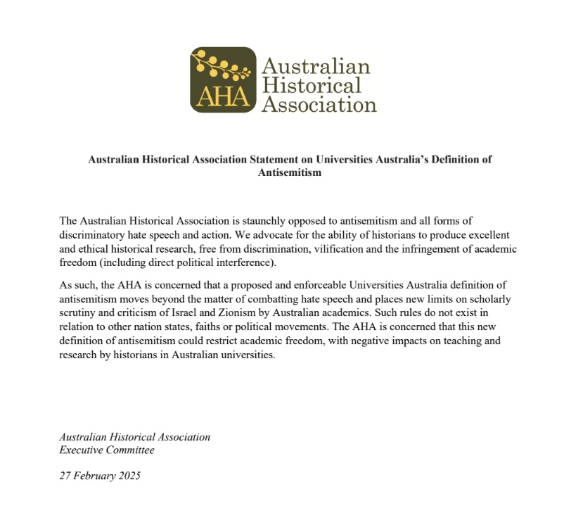 The <a href="/AustHistAssoc/">AHA (Australia)</a> statement on UA's new definition of antisemitism: