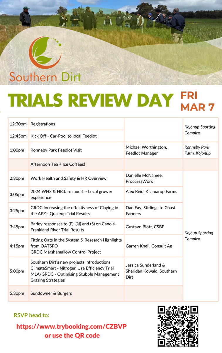 PROGRAM RELEASE!  
A full arvo, great line up, full catering, focus on HR &amp; WHS &amp; an update on regional trials from 2024 - you won't want to miss our Trials Review Day, next Friday (March 7).
Everyone is welcome, we have kept tickets free for all!
RSVP - trybooking.com/CZBVP
