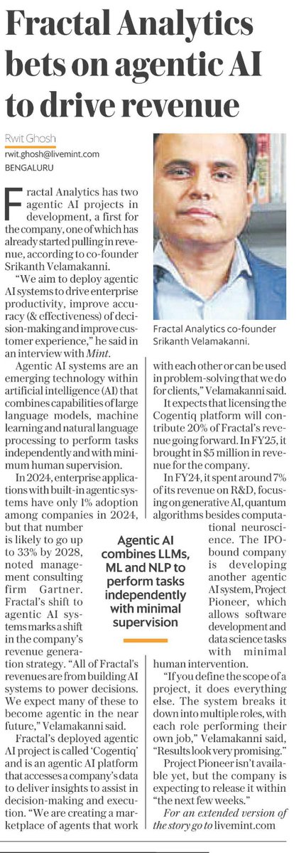 Fractal (@fractalai) on Twitter photo AI systems are evolving - and they’re becoming agentic. 🤖✨
In a conversation with Rwit Gosh from <a href="/livemint/">Mint</a>, <a href="/srikanth/">Srikanth Velamakanni</a> shared how <a href="/fractalai/">Fractal</a> is shaping the future of enterprise intelligence with Agentic AI.
“We aim to deploy agentic AI systems to drive enterprise productivity, AI systems are evolving - and they’re becoming agentic. 🤖✨
In a conversation with Rwit Gosh from <a href="/livemint/">Mint</a>, <a href="/srikanth/">Srikanth Velamakanni</a> shared how <a href="/fractalai/">Fractal</a> is shaping the future of enterprise intelligence with Agentic AI.
“We aim to deploy agentic AI systems to drive enterprise productivity,