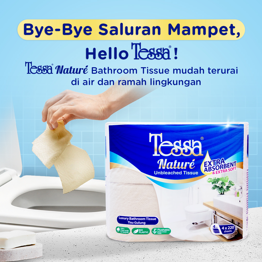 Siapa bilang tisu toilet gak bisa ramah lingkungan dan praktis? Tessa Nature Bathroom Tissue jawabannya! 
Dengan teknologi flushable, tisu ini gampang banget terurai di air, jadi saluran toilet tetap aman tanpa khawatir mampet. Selain itu, Tessa Nature juga ramah lingkungan!