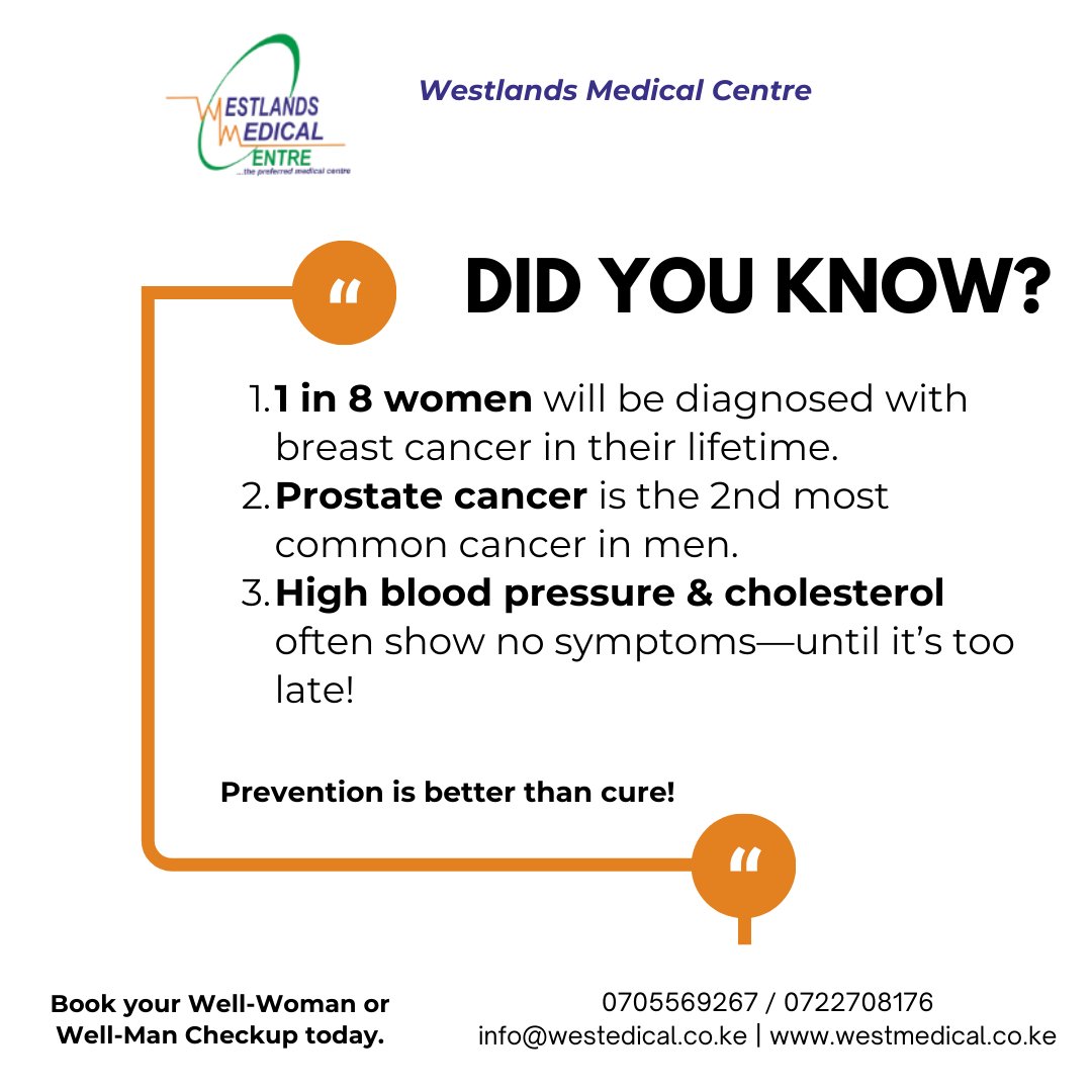 WestlandsMed's tweet photo. 🤯 Did You Know?

1 in 8 women will be diagnosed with breast cancer in their lifetime. 🎗️
Prostate cancer is the 2nd most common cancer in men. 🔬
📍 Westlands, Nairobi | 📞 0705569267 / 0722708176
#HealthAwareness #EarlyDetectionSavesLives #WestlandsMedicalCentre https://t.co/RcSETTo9wG