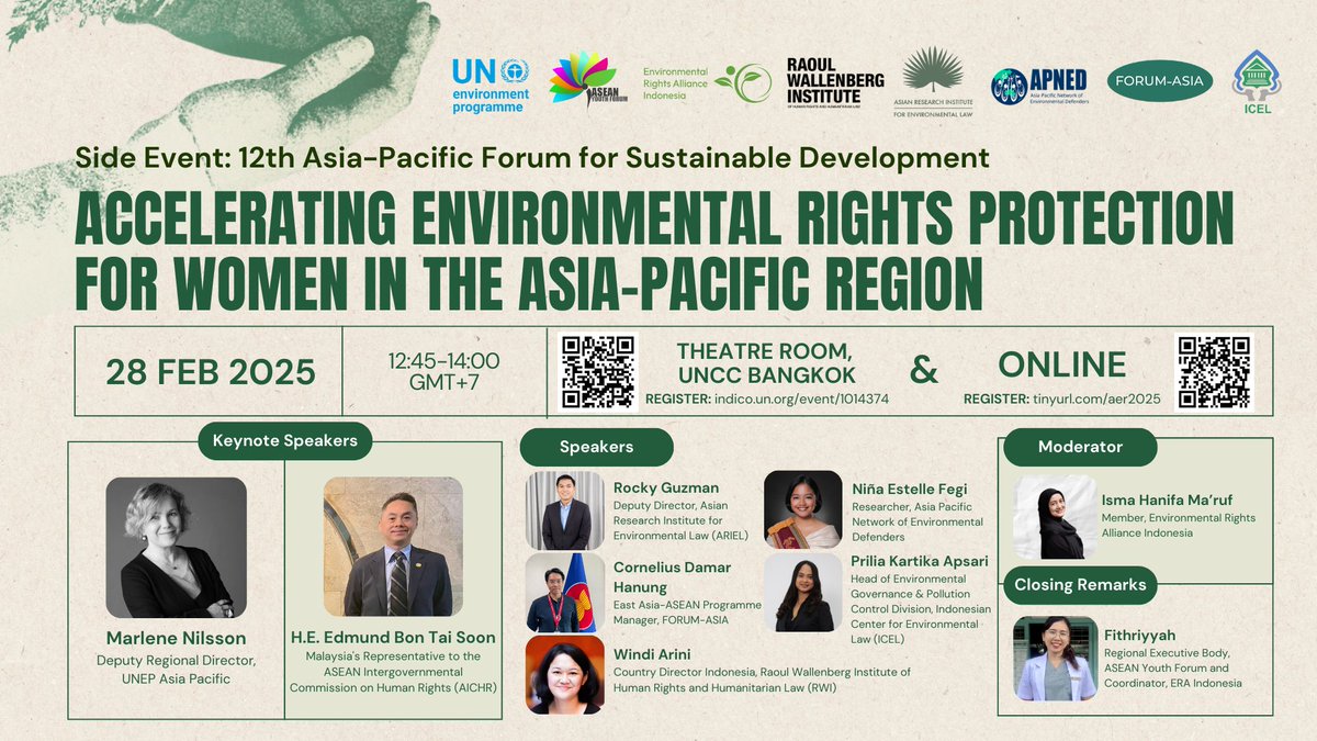 Asia Pacific Network of Environmental Defenders (@apned_) on Twitter photo Happening tomorrow noon❗️ Don't miss this chance to listen to high-level speakers  on the importance of #WEHRDs in environmental rights protection for #AsiaPacific 🙆♀️
Register to participate online 👉 tinyurl.com/aer2025 Happening tomorrow noon❗️ Don't miss this chance to listen to high-level speakers  on the importance of #WEHRDs in environmental rights protection for #AsiaPacific 🙆♀️
Register to participate online 👉 tinyurl.com/aer2025
