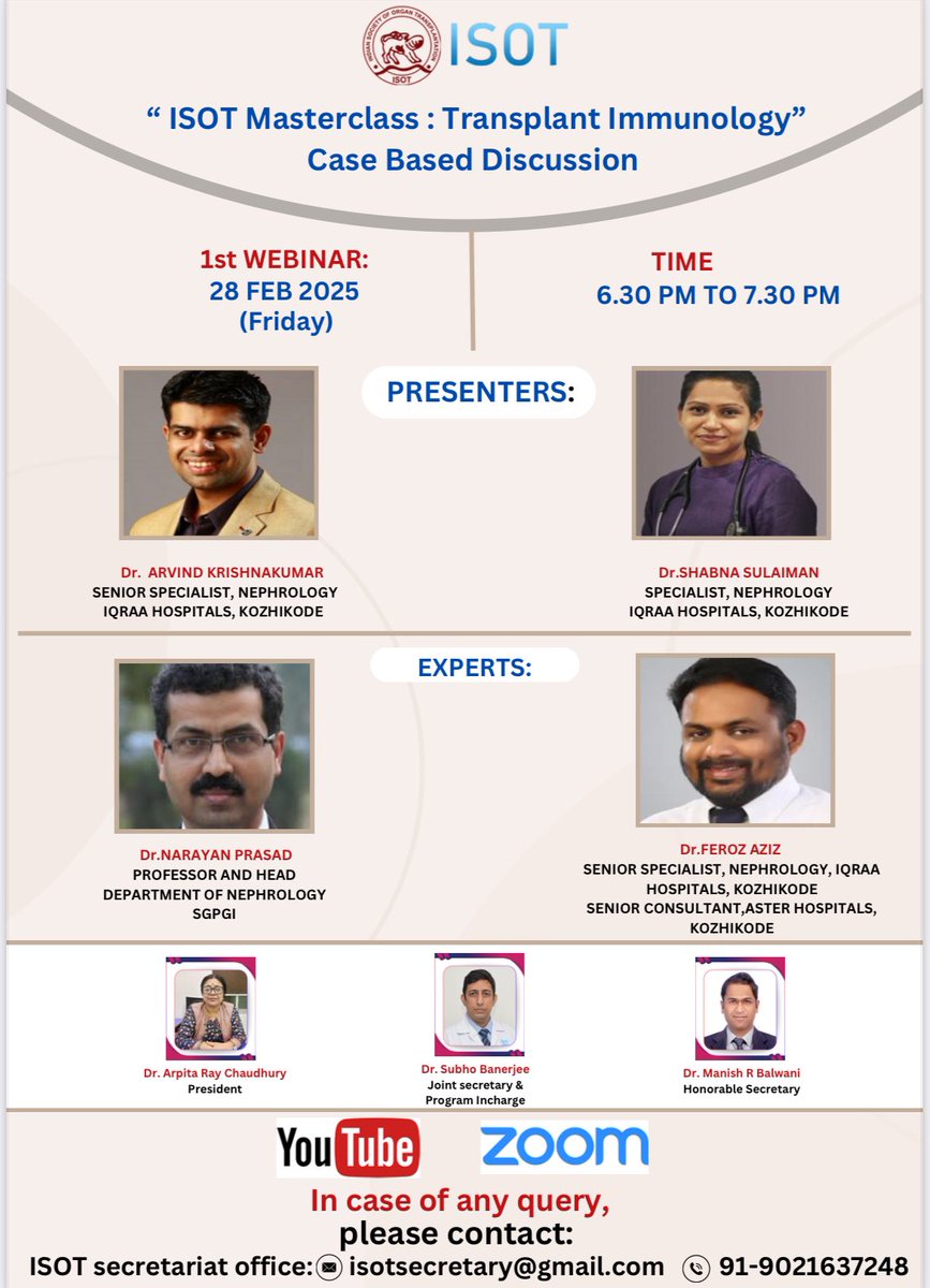 💥Gear-up for the “ISOT Masterclass: Transplant Immunology” - Case Based Discussion

📆 28 Feb 2025
🕰️ 06:30 PM IST

🔆Learn from intriguing real life cases in Transplant Immunology 

🔗 us06web.zoom.us/webinar/%0Areg…