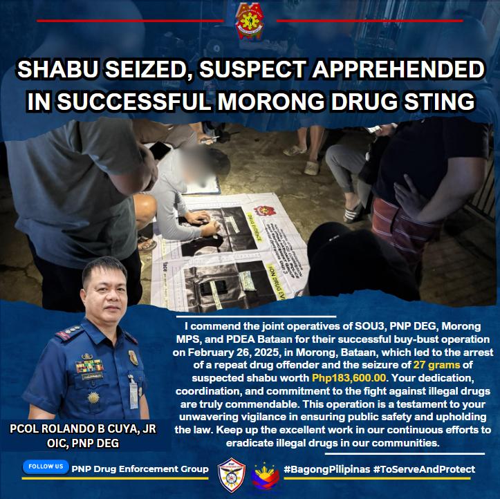 PNP_DEG's tweet photo. 𝐏𝐫𝐞𝐬𝐬 𝐑𝐞𝐥𝐞𝐚𝐬𝐞 ||  𝐅𝐞𝐛𝐫𝐮𝐚𝐫𝐲 𝟐𝟕, 𝟐𝟎𝟐𝟓

SHABU SEIZED, SUSPECT APPREHENDED IN SUCCESSFUL MORONG DRUG STING

Read more: https://t.co/wf3TjZClQ8

#SaBagongPilipinasAngGustongPulisLigtasKa
#ToServeandProtect https://t.co/4qHhjzyiDq