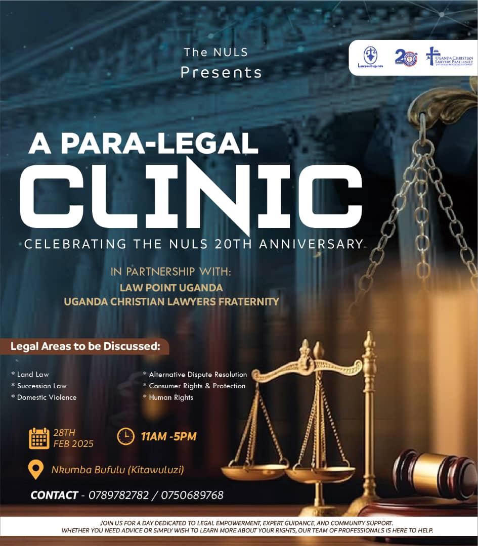 Nkumba University Law Society (@nkumba_law) on Twitter photo "Tomorrow, we launch the Paralegal Clinic as part of the Nkumba University Law Society’s 20th Anniversary! In partnership with <a href="/Lawpointuganda/">Lawpoint Uganda</a> and <a href="/infoUclf/">Uganda Christian Lawyers Fraternity</a>, we’re empowering communities with legal knowledge and bridging the justice gap.
#AccessToJustice #NULSAt20" "Tomorrow, we launch the Paralegal Clinic as part of the Nkumba University Law Society’s 20th Anniversary! In partnership with <a href="/Lawpointuganda/">Lawpoint Uganda</a> and <a href="/infoUclf/">Uganda Christian Lawyers Fraternity</a>, we’re empowering communities with legal knowledge and bridging the justice gap.
#AccessToJustice #NULSAt20"
