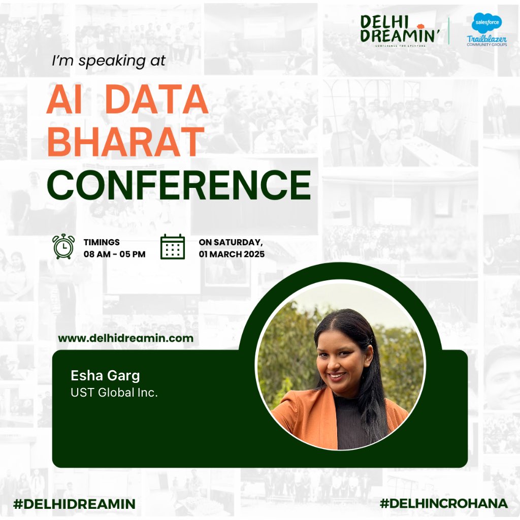 Esha #MC² (@trailblazeresha) on Twitter photo I'm speaking at #DelhiDreamin about J2S program and my success story with #TrailblazerCommunity
Wish to know how #USTSalesforcePractice helped me grow my career and network with our lovely community!!
Catch me on March 1, 2025 <a href="/delhidreamin/">Delhi Dreamin'</a> I'm speaking at #DelhiDreamin about J2S program and my success story with #TrailblazerCommunity
Wish to know how #USTSalesforcePractice helped me grow my career and network with our lovely community!!
Catch me on March 1, 2025 <a href="/delhidreamin/">Delhi Dreamin'</a>